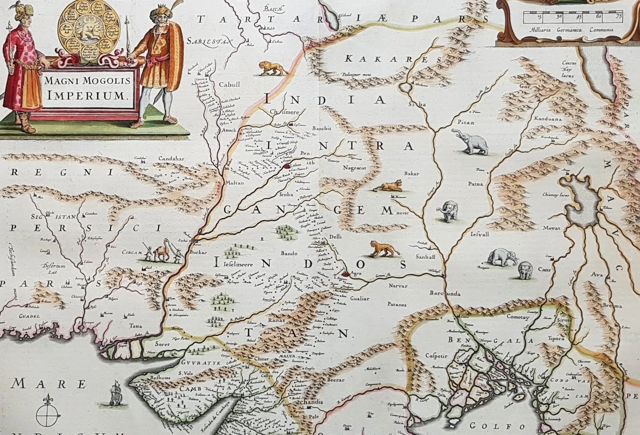 1639 Jansson Original Antique Map The Mughal or Mogul Empire India, Tibet, Nepal
