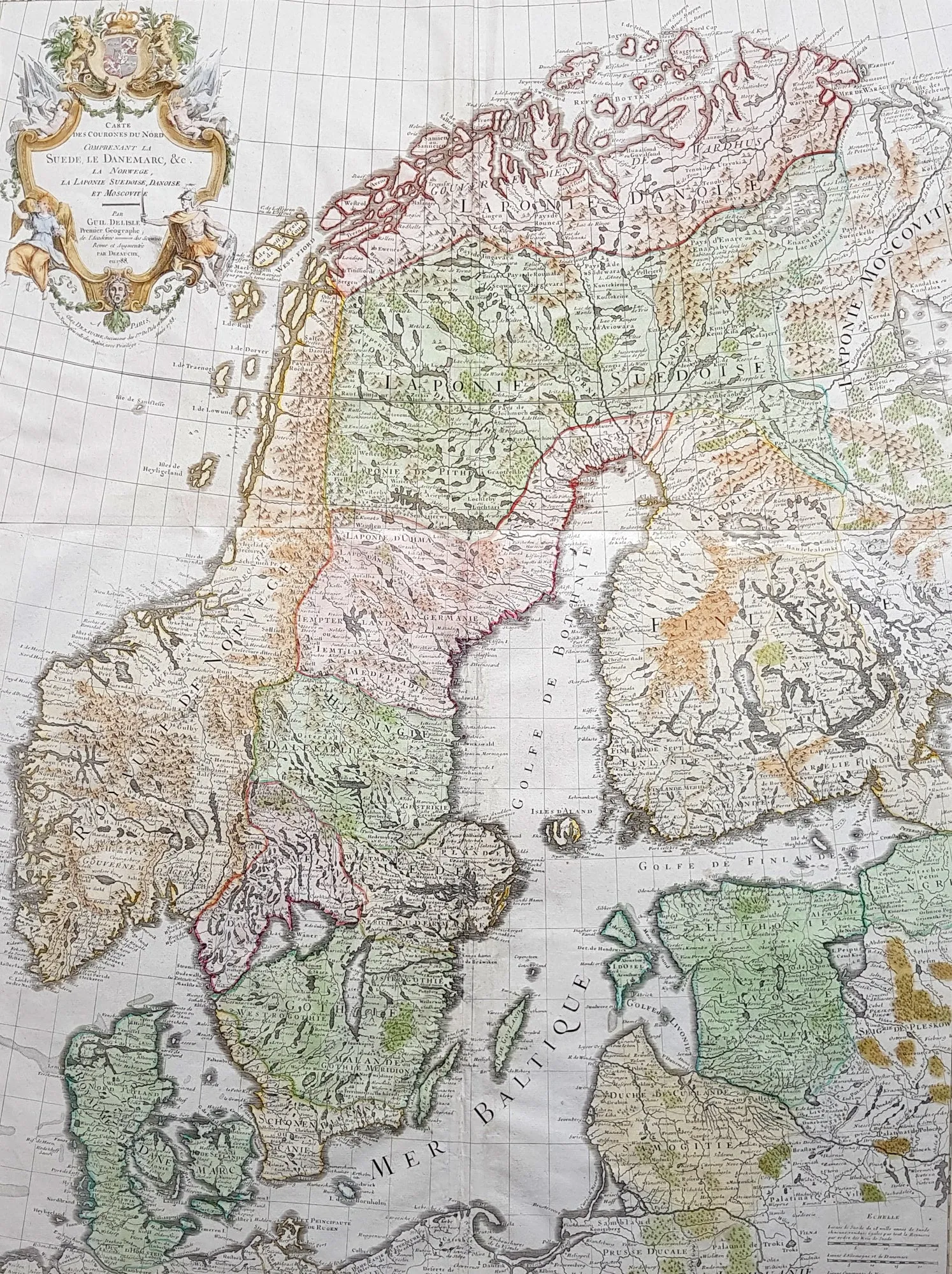 1788 Delisle & Bauche Large Original Antique Map of Scandinavia, Estonia, Latvia