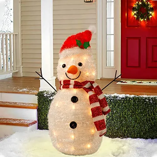 22 Inch Lighted Christmas Tinsel Snowman Decorations, Pre-Lit Light Up with 25 Count Clear Incandescent Lights, Indoor or Outdoor Garden Yard Lawn Festive Holiday Decoration