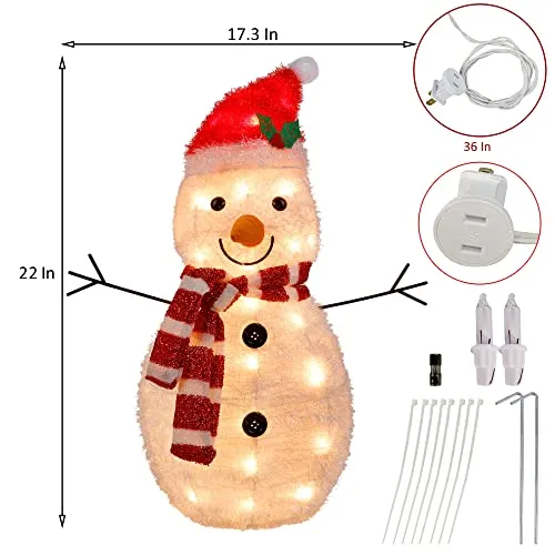 22 Inch Lighted Christmas Tinsel Snowman Decorations, Pre-Lit Light Up with 25 Count Clear Incandescent Lights, Indoor or Outdoor Garden Yard Lawn Festive Holiday Decoration