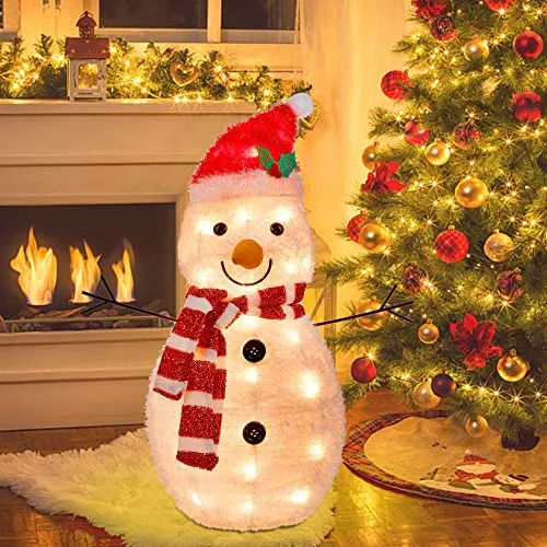 22 Inch Lighted Christmas Tinsel Snowman Decorations, Pre-Lit Light Up with 25 Count Clear Incandescent Lights, Indoor or Outdoor Garden Yard Lawn Festive Holiday Decoration