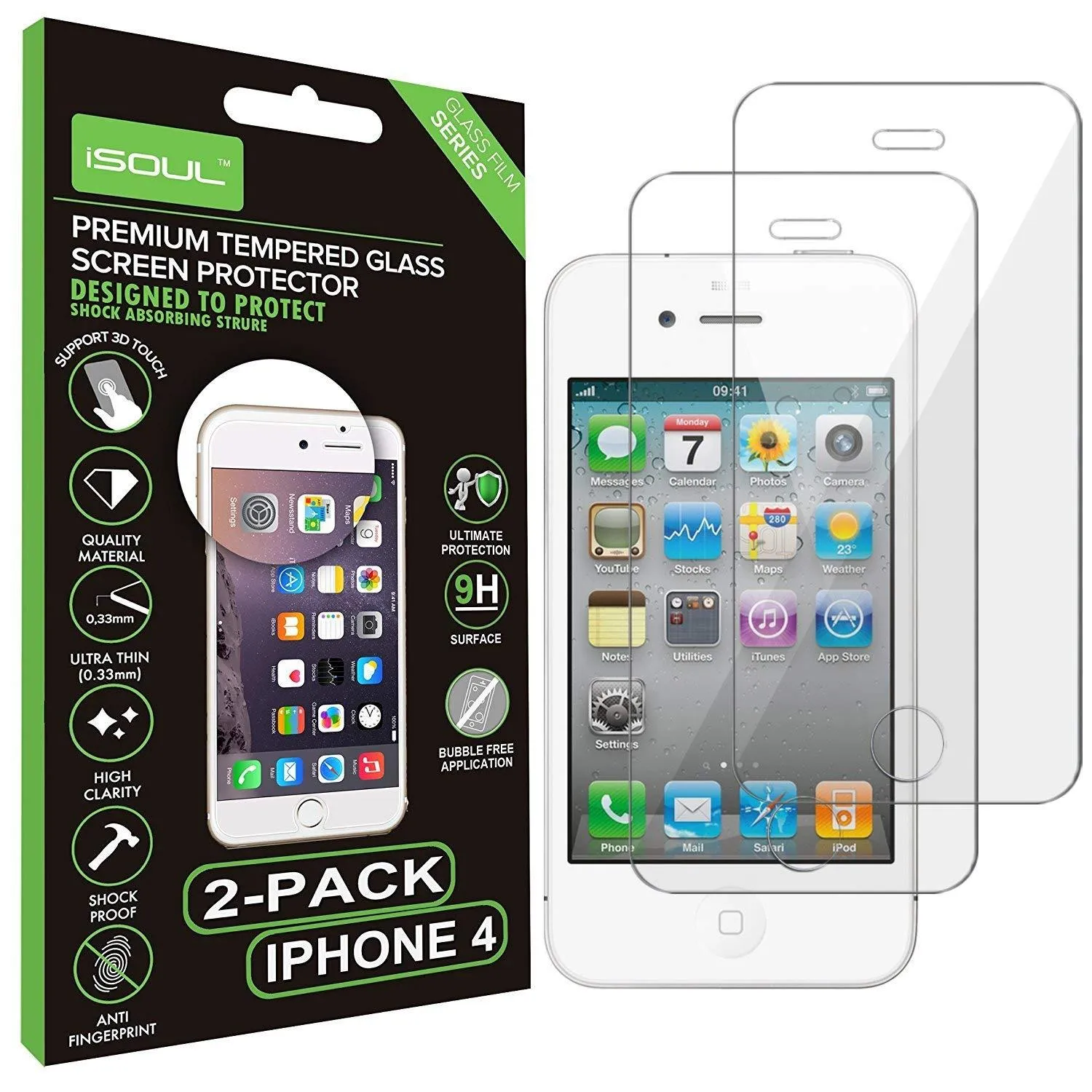 2x iSoul Apple iPhone 4/4S 9H 0.26 mm Tempered Glass Screen Protectors