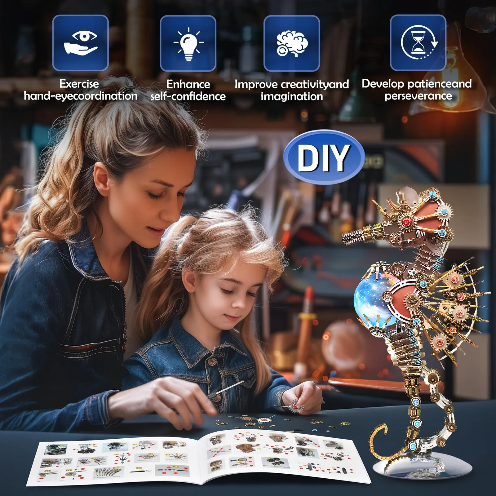 3D Metal Puzzles for Adults, Unique Gift for Men Women Hobbies Christmas Halloween Decorations Indoor Night Light, Mechanical Seahorse Model Buildings with LED Lamp, DIY Craft Difficult Model Kits