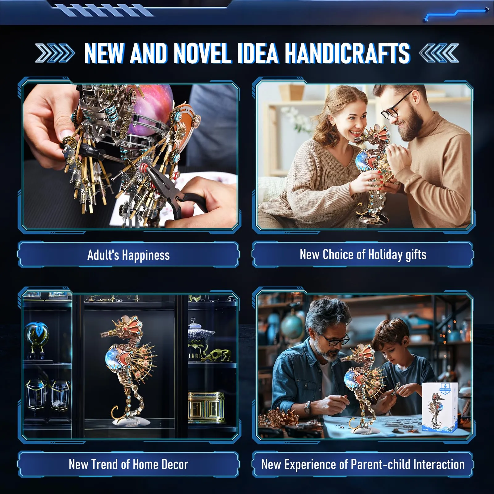 3D Metal Puzzles for Adults, Unique Gift for Men Women Hobbies Christmas Halloween Decorations Indoor Night Light, Mechanical Seahorse Model Buildings with LED Lamp, DIY Craft Difficult Model Kits