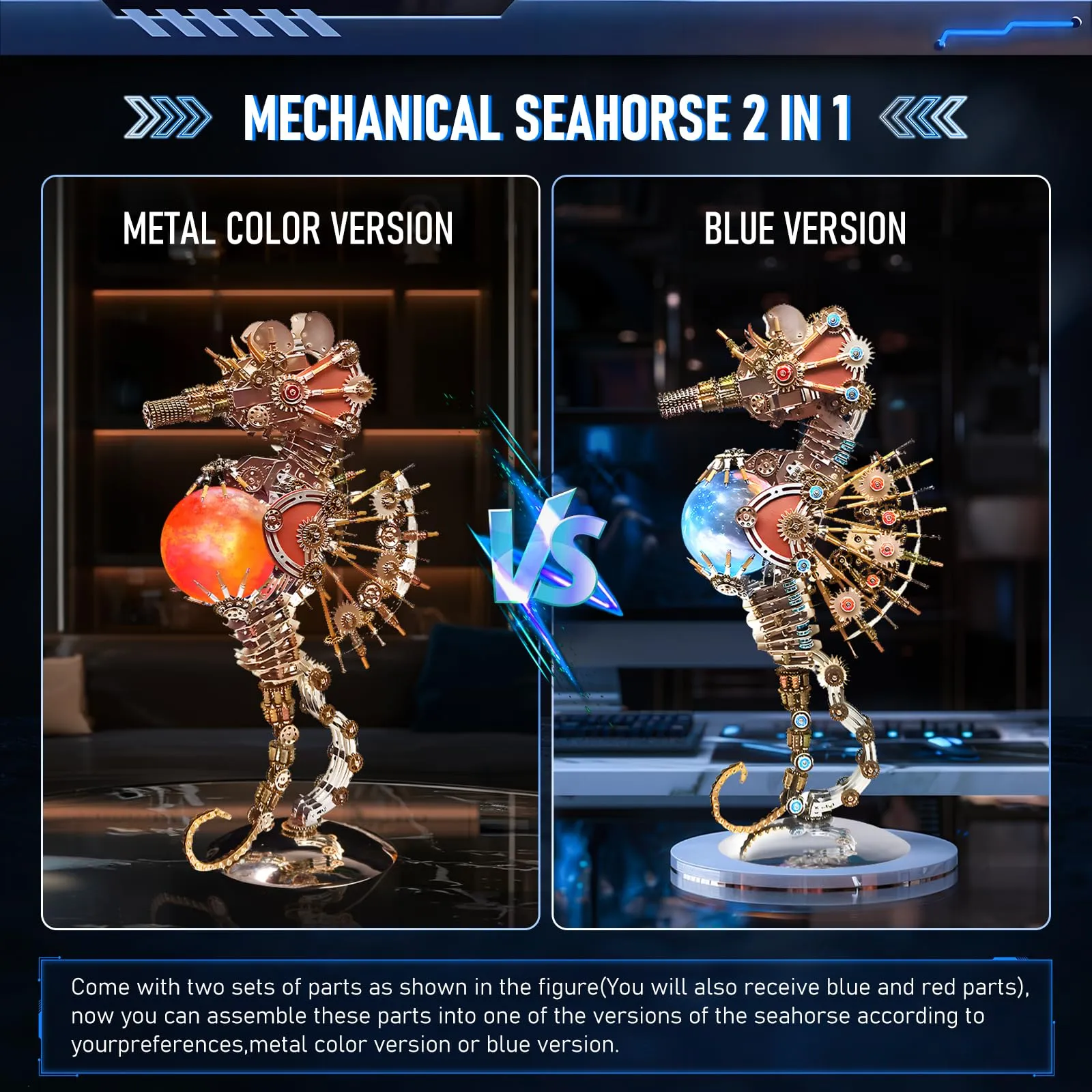 3D Metal Puzzles for Adults, Unique Gift for Men Women Hobbies Christmas Halloween Decorations Indoor Night Light, Mechanical Seahorse Model Buildings with LED Lamp, DIY Craft Difficult Model Kits
