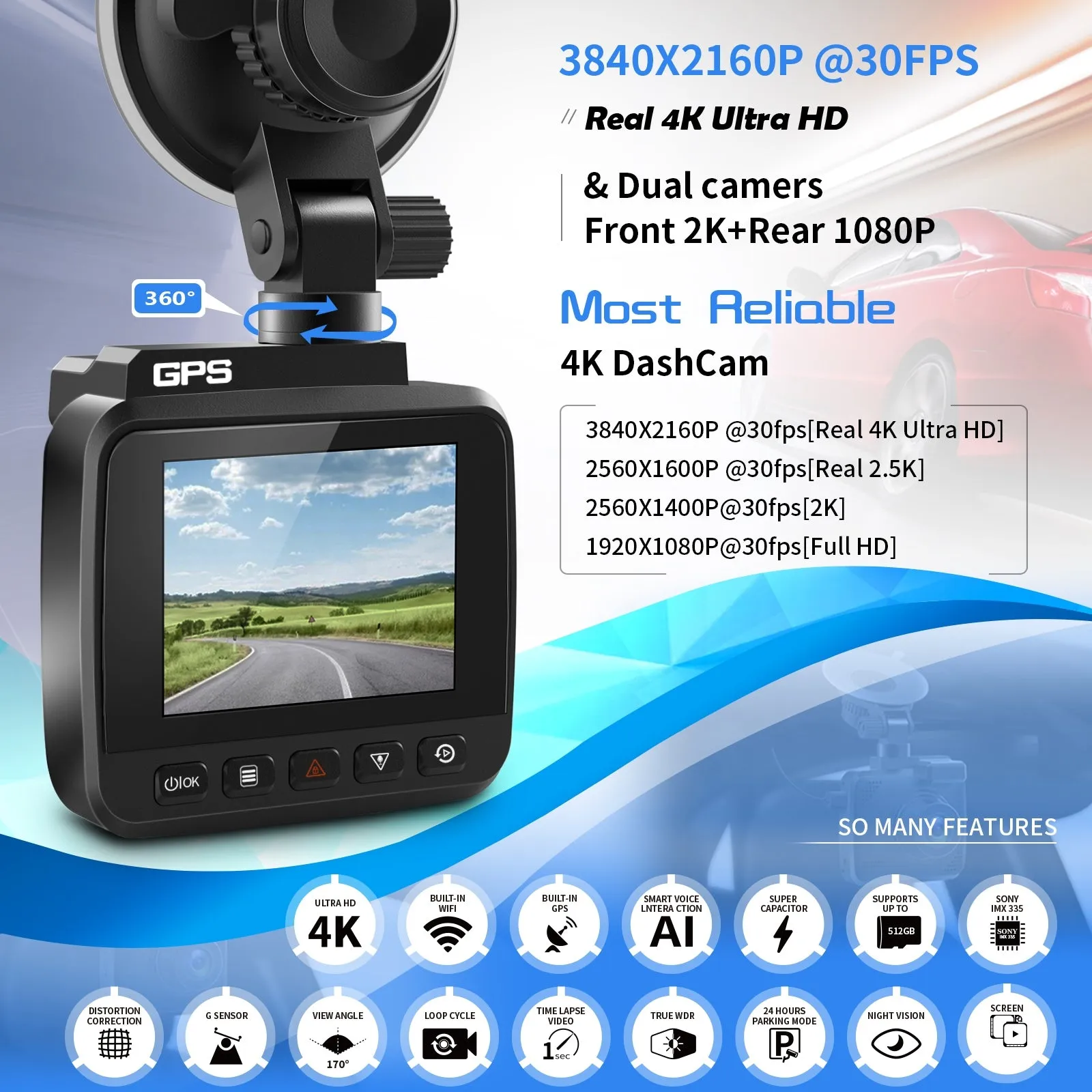 4k Driving Recorder Built-In Wifi GPS Car Dashboard Camera
