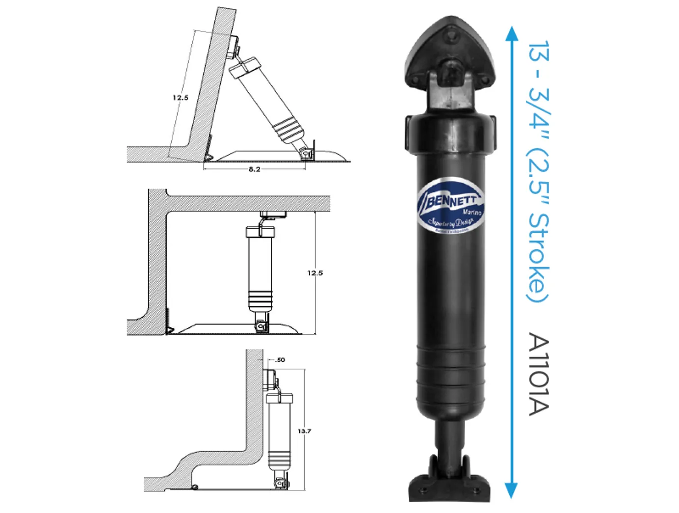 Bennett Standard Hydraulic Trim Tab System with All-In-One Indicator Control Switch - Trailing Edge & Rivited Angle - 4 Sizes