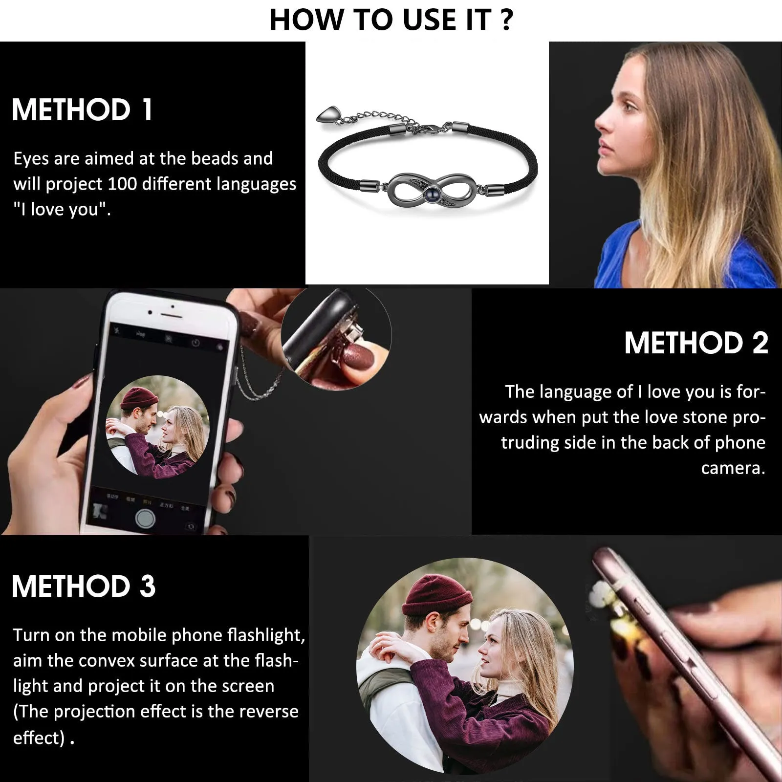 Custom Infinity Photo Projection Couple Bracelet