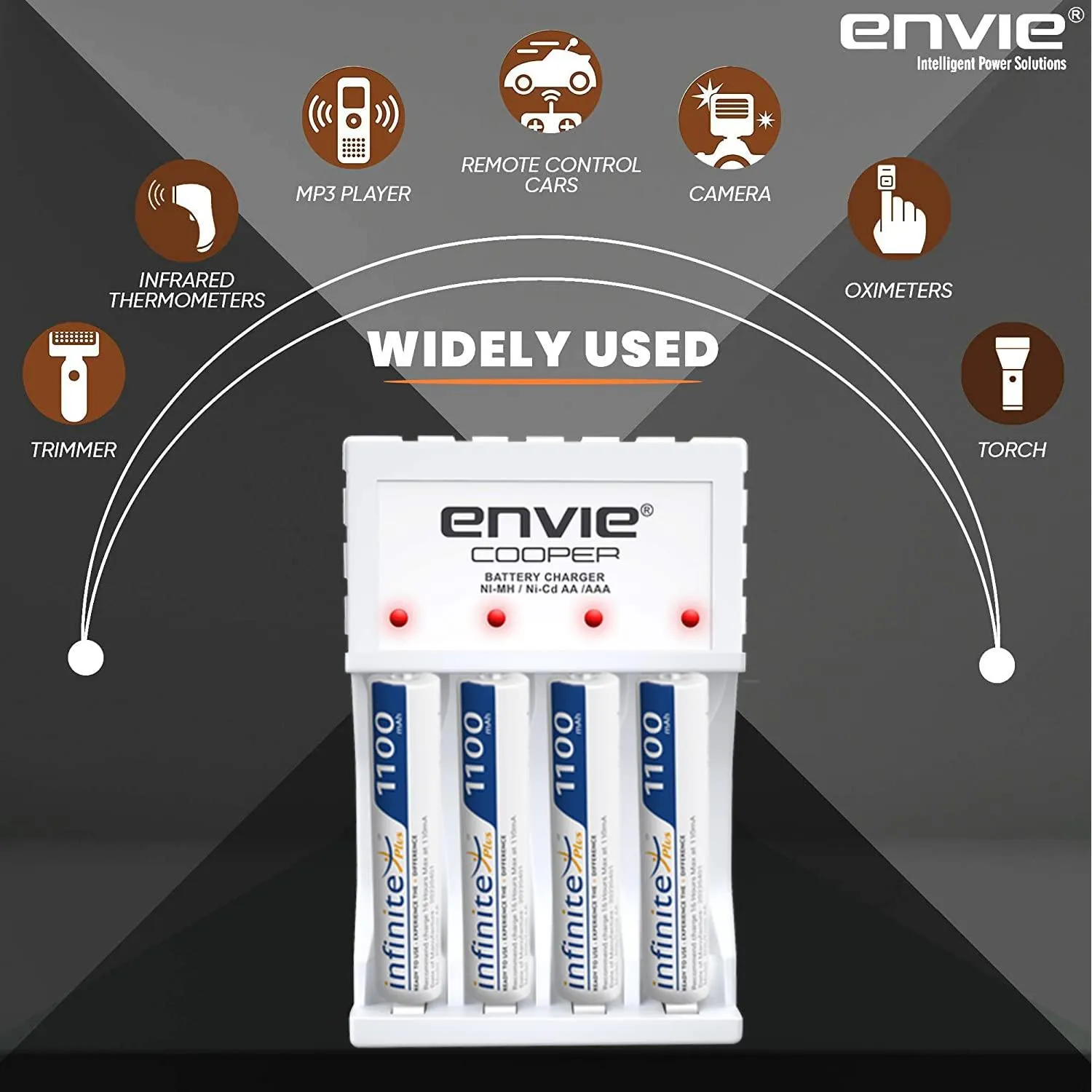 ENVIE (ECR 20 MC 4xAAA1100) Standard Rechargeable Battery Charger for AA & AAA Ni-mh/Ni-Cd with 4xAAA1100mah Rechargeable Batteries & LED Indicator