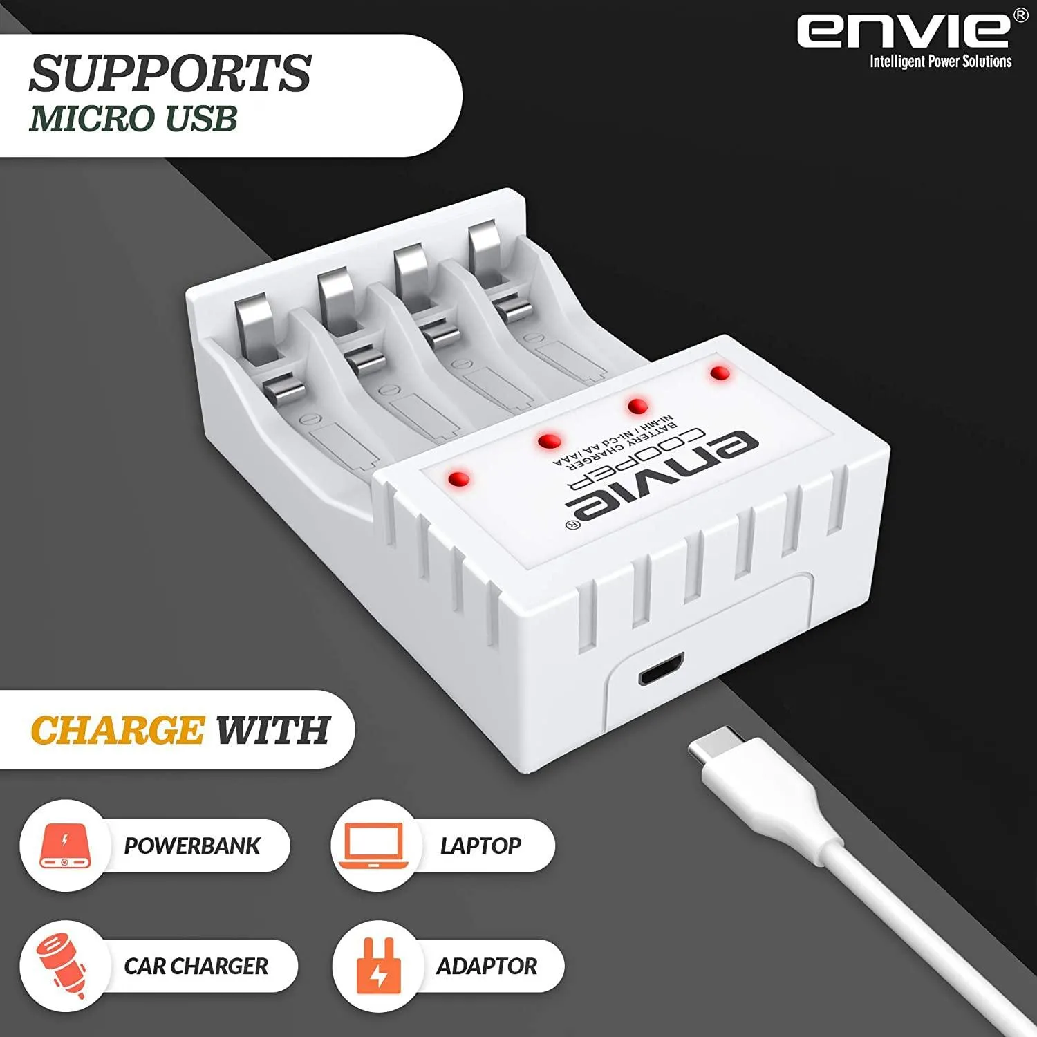 ENVIE (ECR 20 MC 4xAAA1100) Standard Rechargeable Battery Charger for AA & AAA Ni-mh/Ni-Cd with 4xAAA1100mah Rechargeable Batteries & LED Indicator