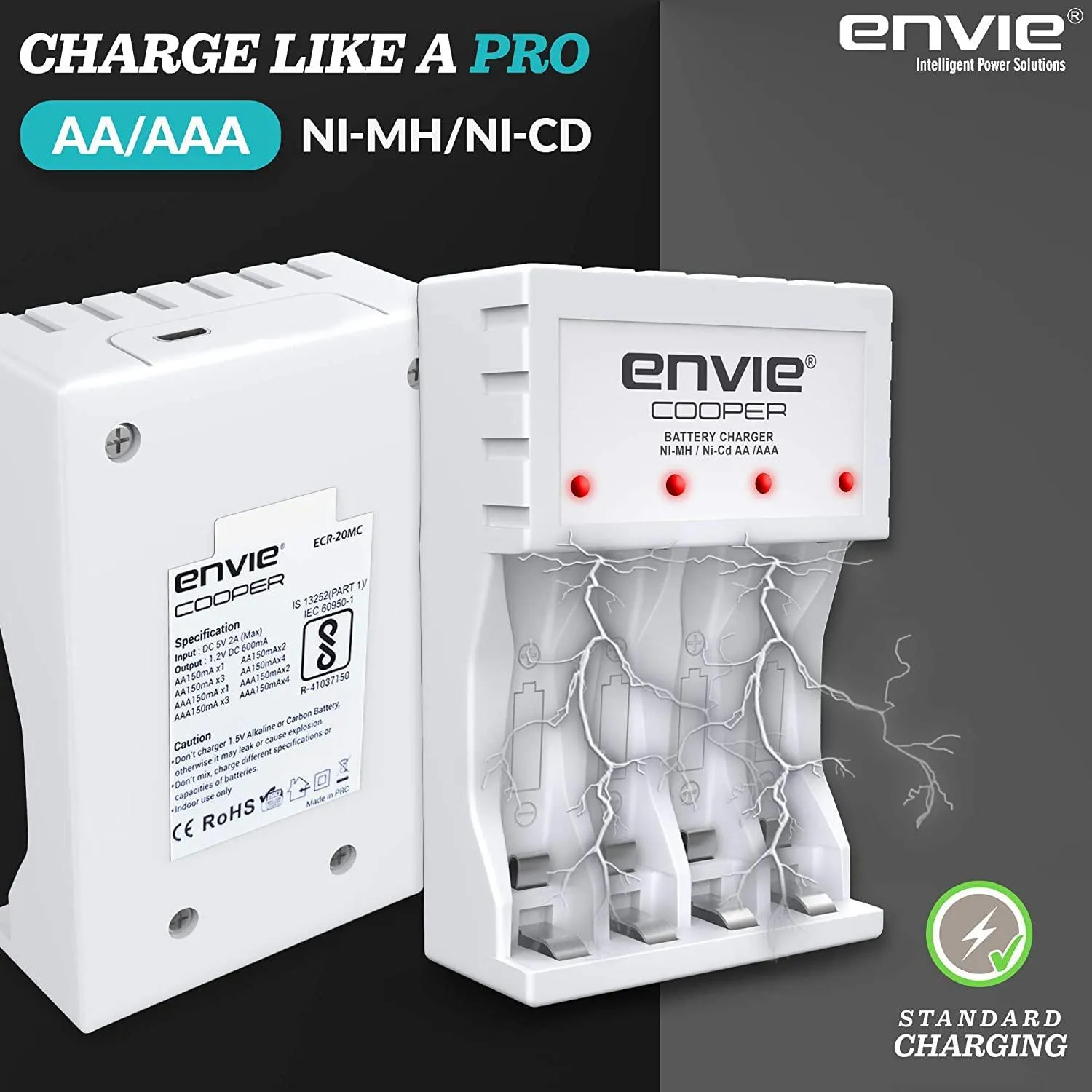 ENVIE (ECR 20 MC 4xAAA1100) Standard Rechargeable Battery Charger for AA & AAA Ni-mh/Ni-Cd with 4xAAA1100mah Rechargeable Batteries & LED Indicator