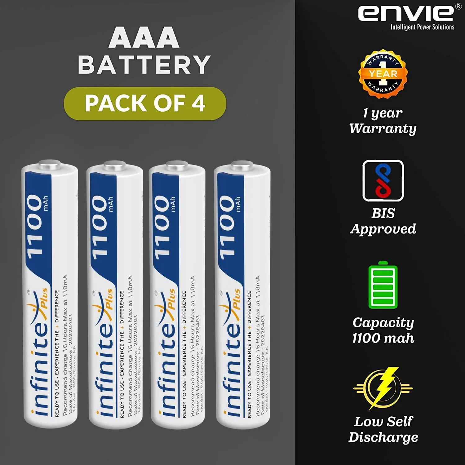 ENVIE (ECR 20 MC 4xAAA1100) Standard Rechargeable Battery Charger for AA & AAA Ni-mh/Ni-Cd with 4xAAA1100mah Rechargeable Batteries & LED Indicator