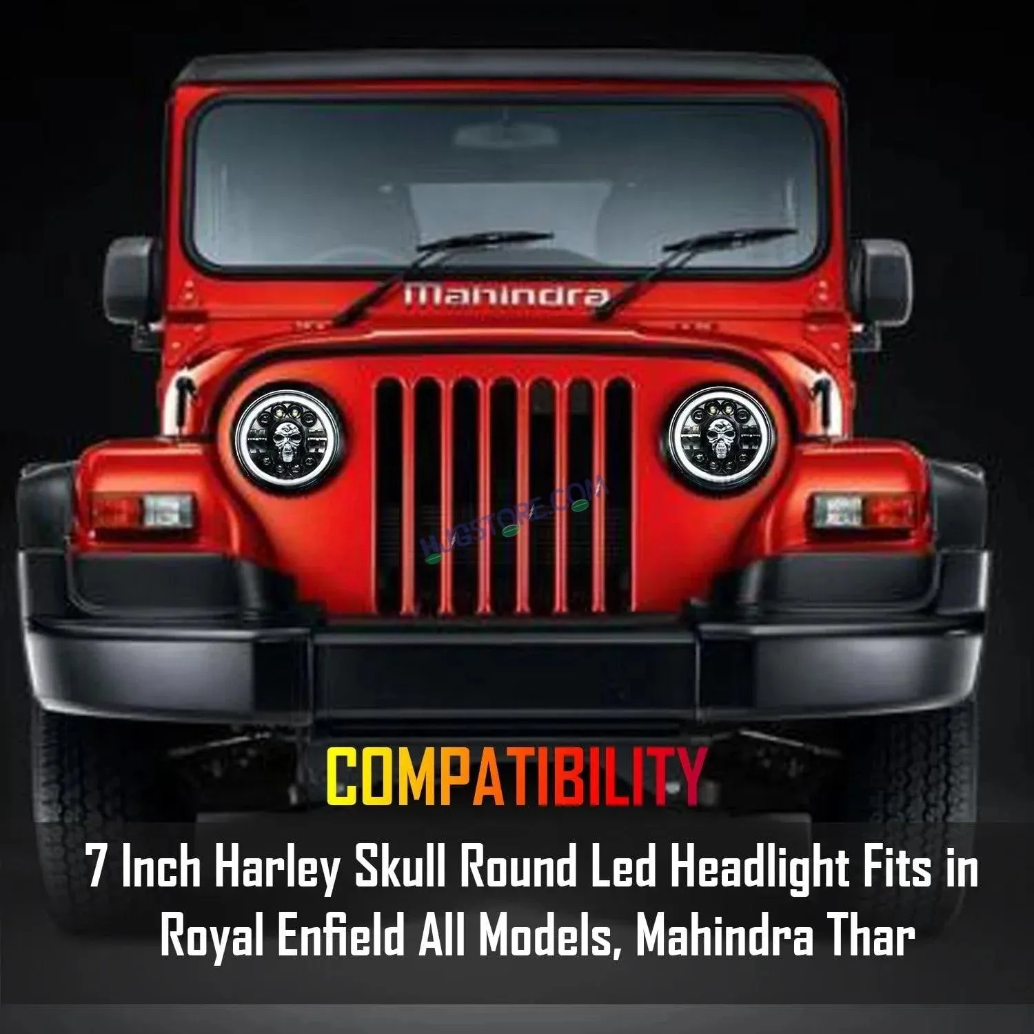 HJG 7 Inch Harley Skull Round Led Headlight Fits in Royal Enfield All Models, Mahindra Thar (12V-80V 75w)