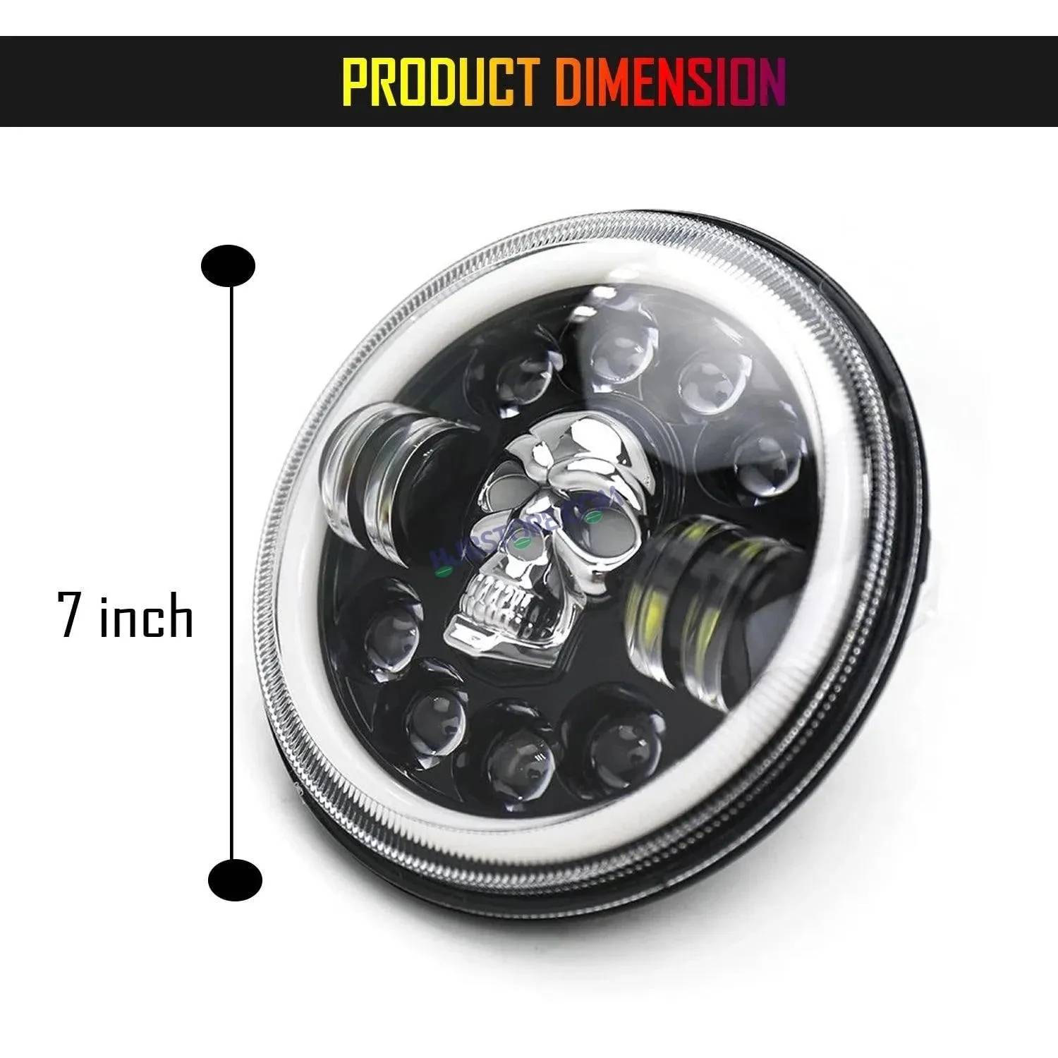 HJG 7 Inch Harley Skull Round Led Headlight Fits in Royal Enfield All Models, Mahindra Thar (12V-80V 75w)