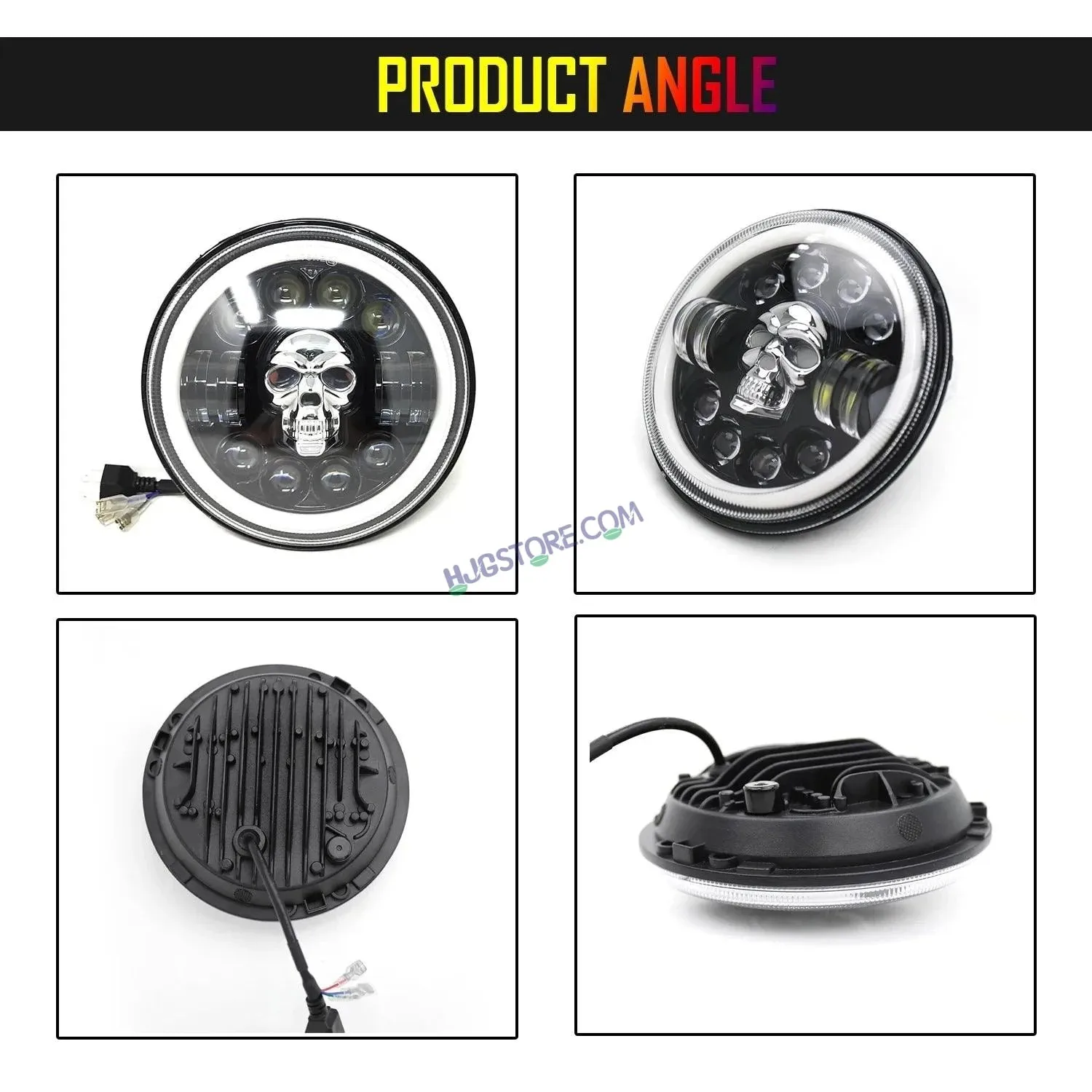 HJG 7 Inch Harley Skull Round Led Headlight Fits in Royal Enfield All Models, Mahindra Thar (12V-80V 75w)