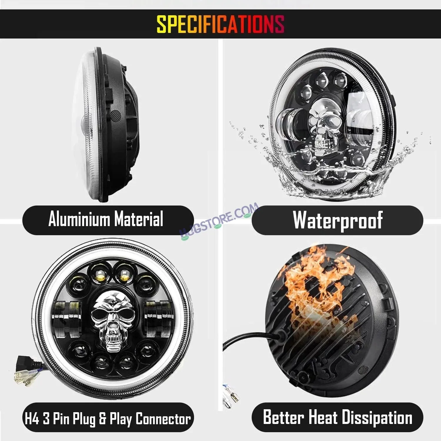 HJG 7 Inch Harley Skull Round Led Headlight Fits in Royal Enfield All Models, Mahindra Thar (12V-80V 75w)