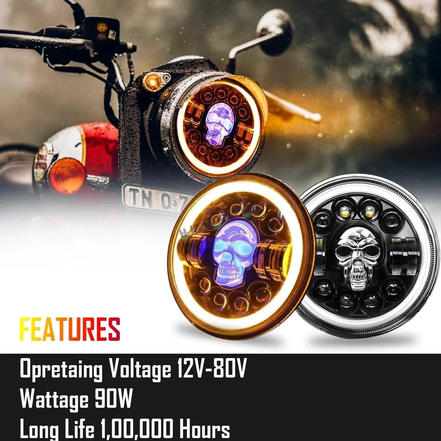 HJG 7 Inch Harley Skull Round Led Headlight Fits in Royal Enfield All Models, Mahindra Thar (12V-80V 75w)