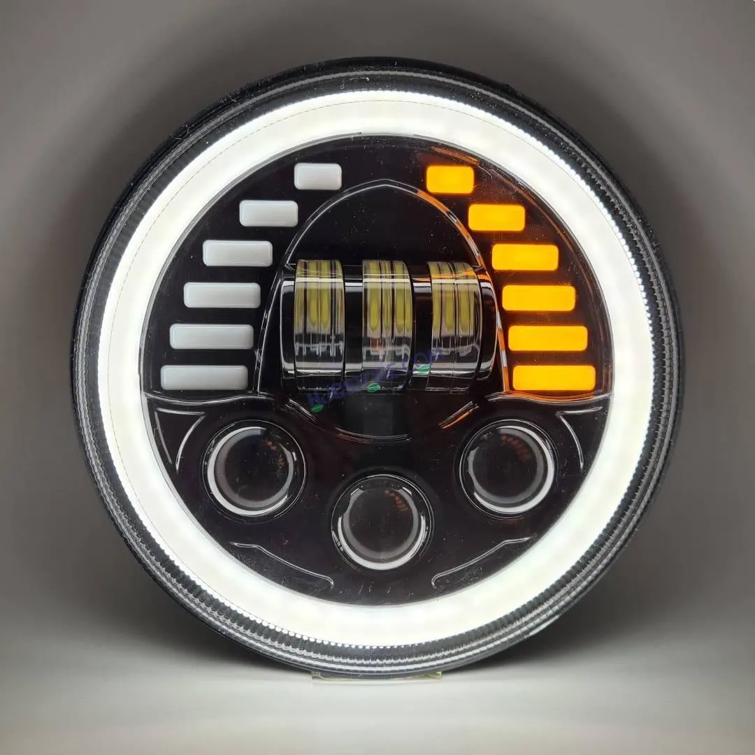 HJG New Indicator Harley Headlight 7Inch Round Led Headlight Fits in Royal Enfield All Models, Mahindra Thar