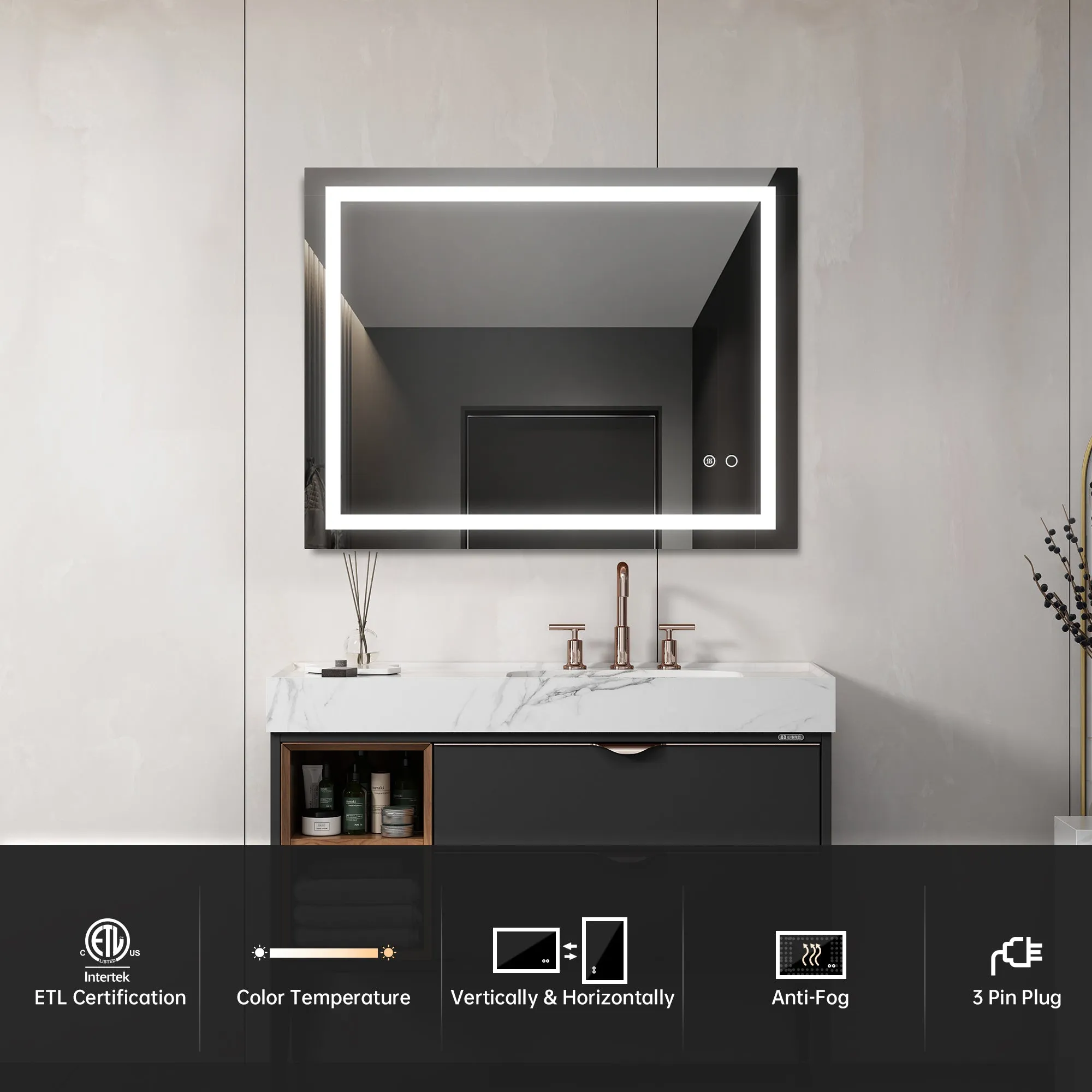 LED Lighted Bathroom Wall Mounted Mirror with High Lumen Anti-Fog Separately Control Dimmer Function