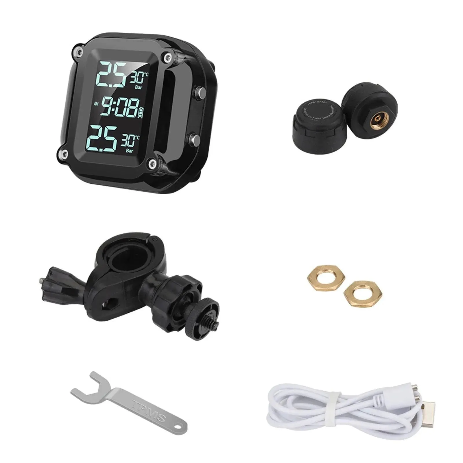 Motorcycle Wireless Tire Pressure Monitoring System USB Charging TPMS for Motorcycle with 2 External Sensors Digital LCD Display