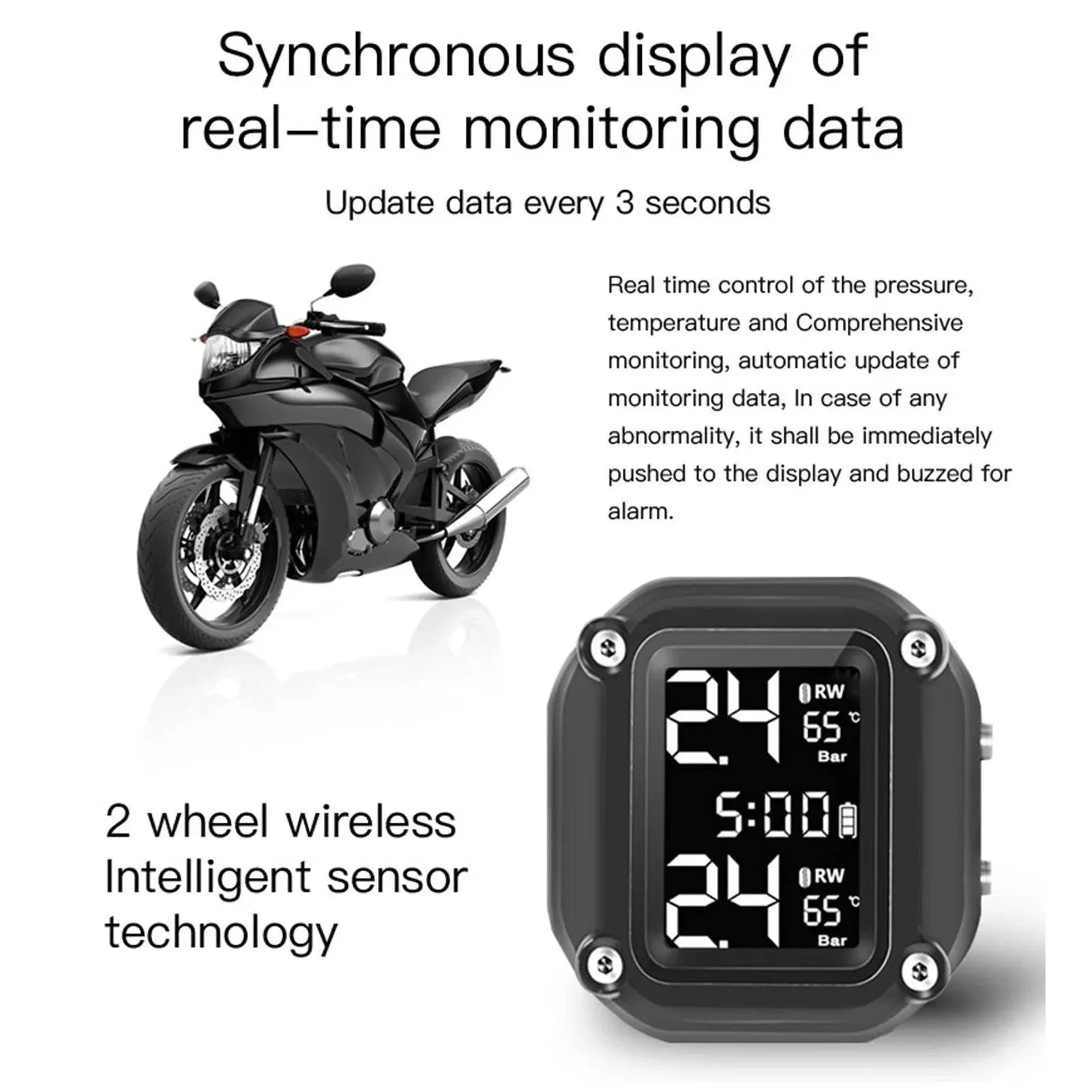 Motorcycle Wireless Tire Pressure Monitoring System USB Charging TPMS for Motorcycle with 2 External Sensors Digital LCD Display