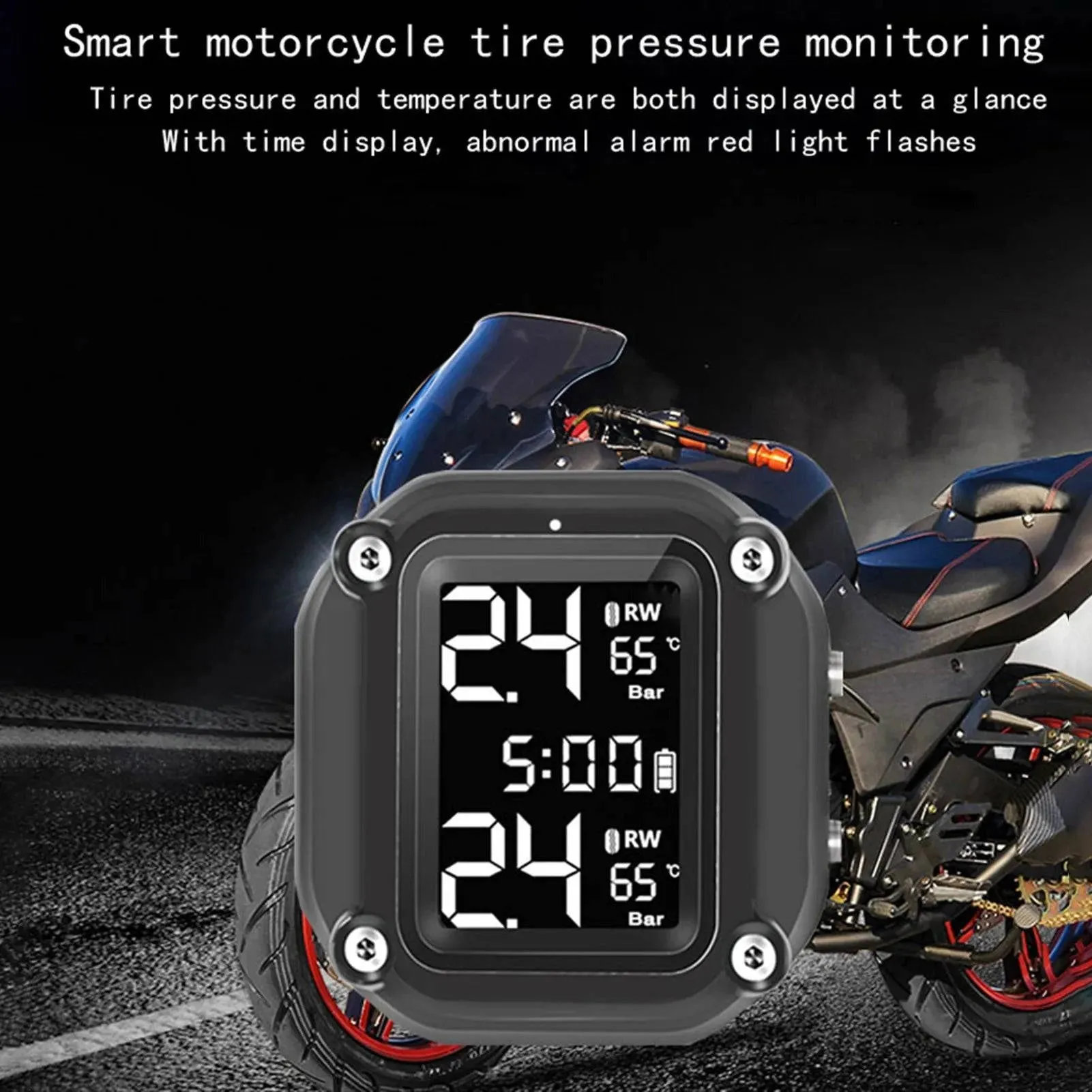 Motorcycle Wireless Tire Pressure Monitoring System USB Charging TPMS for Motorcycle with 2 External Sensors Digital LCD Display